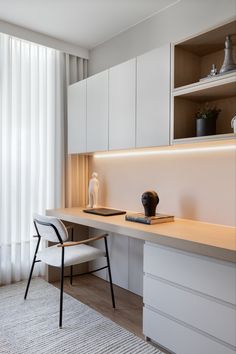 a white desk and chair in a room