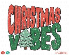 the christmas vibes logo with a pine tree in red, green and white letters