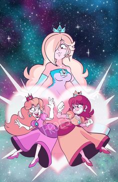 three princesses are standing in the middle of a star filled sky with stars above them