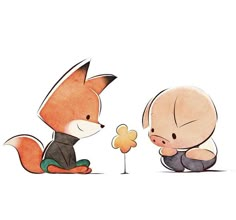 two little foxes playing with a flower