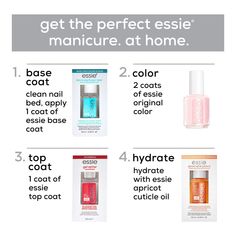 the art of the manicure perfected, from America's nail salon expert- high performance essie top coats, base coats and treatments. Essie salon quality nail care, vegan, clear top coat, Good To Go, 0.46 fl oz; Essie Good To Go Top Coat- fast dry and shine nail polish top coat that provides a protective, high gloss finish Quick-dry top coat; our fast-dry formula with color-adhesive technology, sets color in a flash and protects with a brilliant shine finish The result- a fast-dry, brilliant shine manicure, reapply every two days to help further protect color The art of the manicure perfected; high performance Essie top coats, base coats and treatments, for every detail of your manicure, the perfect compliment to any Essie nail polish color Salon-quality vegan formula with zero animal-derived Essie Base Coat, Essie Top Coat, Essie Nail Polish Colors, Essie Colors, America Nails, Shine Nails, Dry Nail Polish, Dull Colors, Clear Top