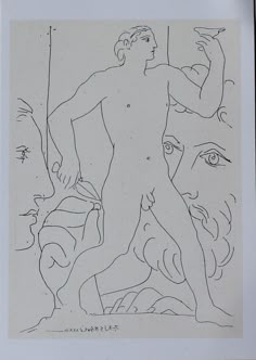 a black and white drawing of a naked man