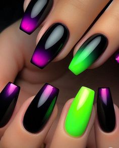 Black Nails With Purple Accent, Neon Green Glow In The Dark Nails, Black To Purple Nails, Colorful Black Nails, Purple Green And Black Nails, Black Purple Green Nails, Purple Green Black Nails, Halloween Nails Purple And Green, Simple Black Halloween Nails