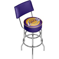 the los angeles lakers bar stool has a purple padded seat and chrome frame with an embroidered logo on it