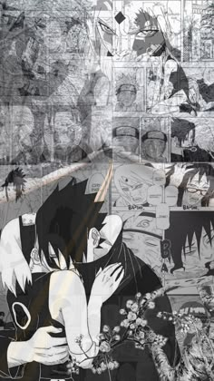 an image of a collage of anime characters and their faces in black and white