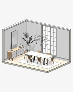 a drawing of a dining room with table, chairs and plant in the corner area