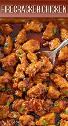 Fire creacker chicken topped with a red sauce Firecracker Chicken Stir Fry, Fire Cracker Chicken Recipe, Fire Cracker Chicken Stir Fry, Fire Station Recipes, Sweetfire Chicken Recipe, Fire House Dinner Recipes, Sweet Fire Chicken Recipe, Firefighter Meals Recipes, Firecracker Chicken Recipe