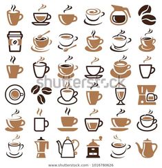 coffee cups and saucers are shown on a white background, with brown outlines