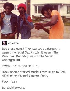 three men standing next to each other in front of a house with the caption that reads, see these guys they started punk rock it