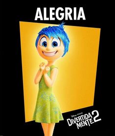 an animated character with blue hair and green dress in front of a yellow background that says,