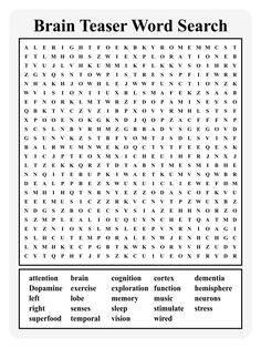 a word search page with the words brainteazer in black and white, as well as