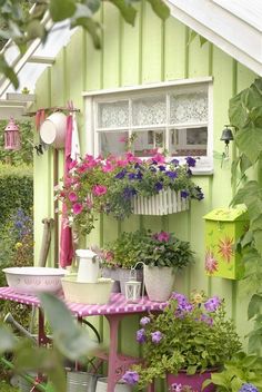 a green house with potted plants and flowers on the table in front of it