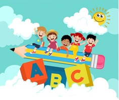 children are flying on an airplane with abc letters