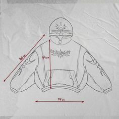 a drawing of a jacket with measurements for the collar and sleeves, on top of a piece of white paper