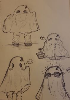 three drawings of ghost characters in different poses