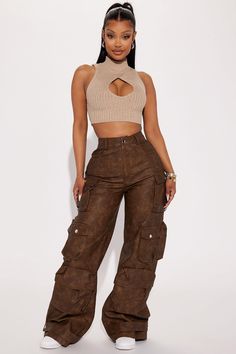 Available In Brown. Cargo Pant High Rise Button Zipper Closure Utility Pockets 2 Back Pockets Wide Leg Washed Faux Leather Non Stretch Disclaimer: To Keep The Aesthetic Of This Garment, Please Follow The Care Instructions Carefully. 100% Polyester Coated With Polyurethane Imported | Weekend Warrior Washed Faux Leather Cargo Pant in Brown size 3X by Fashion Nova Fashion Nova Outfits, Weekend Warrior, Utility Pockets, Sweater Jumpsuit, Cargo Pant, Faux Leather Pants, Fall Fashion Outfits, Bottom Clothes, Brown Fashion