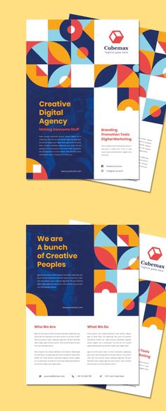 three brochures with different colors and shapes on the front, back and side