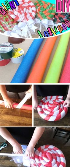 the process for making candy canes is shown in three different pictures, including one being rolled