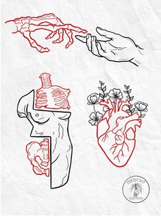 two drawings of hands holding flowers and a human heart with the letter f on it