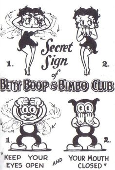 an advertisement for the secret sign and boop & bmbo club, with three cartoon characters