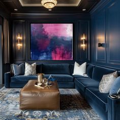 Navy Cinema Room, Blue Theater Room, Navy Blue Family Room Ideas, All Blue Living Room, Navy Blue Media Room, Navy House Interior, Navy Lounge Decor, Navy Panelling Living Room, Navy Blue And White Living Room