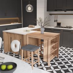 a kitchen with black and white tile flooring and wooden furniture in the center island