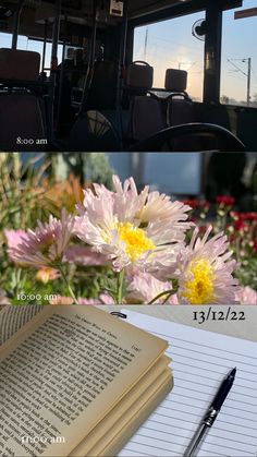 there are two pictures with flowers and a book on the table next to each other