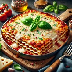 a pan filled with lasagna sauce and fresh basil leaves on top of it