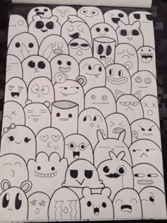 a bunch of cartoon faces drawn in black and white on paper with the words, i love