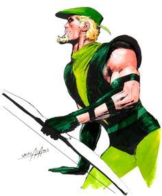 a drawing of a man in green and black outfit holding two arrows with both hands