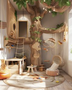 a child's room with a tree in the corner