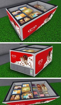 three different views of an ice cream box on the grass, one with chocolates in it