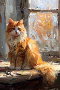 an orange and white cat sitting on top of a wooden table next to a window