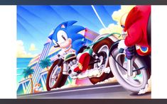 sonic the hedgehog riding a motorcycle next to another character