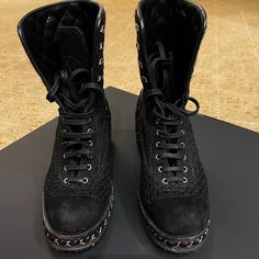 Chanel Boots, Used, Size 36 Black High-top Lace-up Boots With Leather Sole, Luxury Ankle Moto Boots With Lug Sole, Luxury Lace-up Ankle Boots With Reinforced Heel, Luxury Lace-up Winter Boots, Luxury Winter Lace-up Boots, Luxury Lace-up Boots For Winter, Black High-top Lace-up Boots In Calf Leather, Black High-top Heeled Boots With Leather Sole, Black High-top Calf Leather Moto Boots