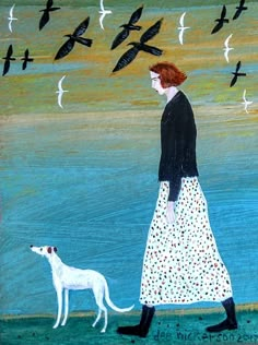 a painting of a woman walking with a dog and flock of birds in the background