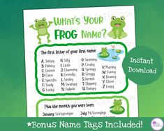 the frog name game is displayed on a green background