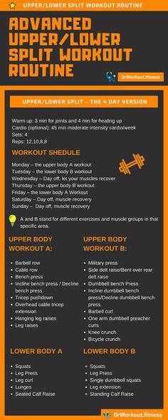 an orange and black flyer with the words advanced upper / lower body workout routine on it