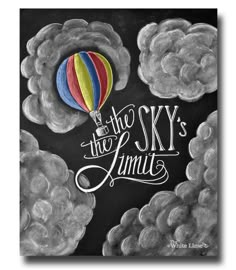 the sky is filled with clouds and a hot air balloon that says, i love the sky