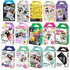 the contents of an instax card set are shown in different colors and sizes