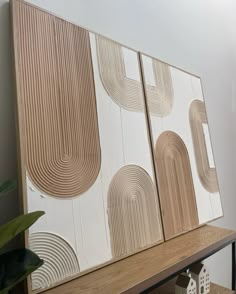 two wooden panels on top of a shelf next to a potted plant in a room