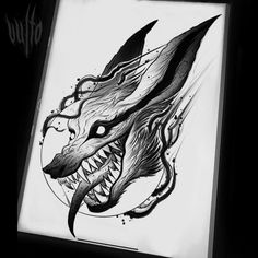 a black and white drawing of a dragon with sharp fangs on it's face