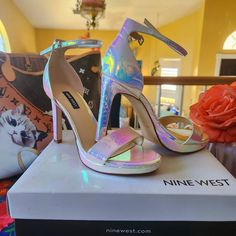 These Nine West Sandals Have A 3 Inch Heel And Are Comfortable Due To The Platform At Ball Of Foot. So Beautiful In Person. New And Never Worn.Size 7 1/2 Iridescent Synthetic Heels, Iridescent Sandals For Summer Parties, Iridescent Round Toe Synthetic Heels, Iridescent Synthetic Heels With Round Toe, Iridescent Synthetic Round Toe Heels, Iridescent Heels For Formal Summer Events, Summer Formal Iridescent Heels, Summer Party Iridescent Sandals, Iridescent Open Toe Heels For Spring