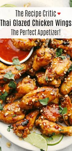 the recipe for thai glazed chicken wings is shown on a plate