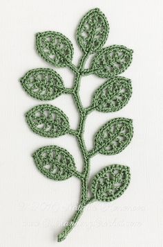 a crocheted green leaf is shown on a white background with the words,