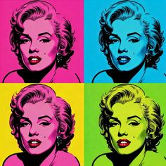 four pop art images of marilyn monroe in different colors and sizes, each with their own face