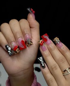 𝘧𝘰𝘭𝘭𝘰𝘸 𝘧𝘰𝘳 𝘮𝘰𝘳𝘦 𝘤𝘶𝘵𝘦 𝘱𝘪𝘯𝘴 ☁️ Latto Inspo Nails, Red Black And Cheetah Nails, Nails That Go With Red Hair, Red And Black Cheetah Nails, Cheetah Duck Nails, Red And Black Duck Nails, Cheetah Nails With Red, Cheetah And Red Nails, Red Nails With Design Ideas