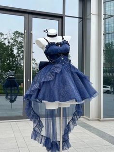 Dark Blue Glittering Princess Dress Basque Waist Jumper Skirt Full Set Blue Outfit Aesthetic Casual, Prom Dresses Designs Ideas, Casual Blue Dress Outfit, Dresses With A Train, Night Blue Dress, Prom Night Outfit, Blue And Black Outfit, Dark Blue Outfit, Dark Blue Dresses