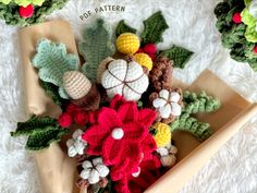 crocheted poinsettis and leaves are arranged on a white background with text overlay