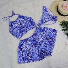 Material: Acetate, Polyester, Spandex, Cotton • Style: Ladies Swimwear • Item Type: Bikinis Set • Pattern Type: Patchwork, Print • Waist: High Waist • With Pad: Yes • Fit: Fits True To Size, Take Your Normal Size • Support Type: Wire Free • Item Type: Bikinis Set • Year: 2017 New Arrival Swimwear • Item Type: Bikini Set Bathsuit • Sale: Wholesale Retail Drop Shipping Free • Summer Style High Quality: Perfect Quali • Design For: Beach Swimwear Summer Swimming Sets With Triangle Top, Fitted Beach Sets With Triangle Top, Blue Fitted Swim Set, Beachwear Swimming Set Sleeveless, Printed Summer Pool Sets, Fitted Blue Swim Sets, Sleeveless Beachwear Set For Swimming, Blue Swimming Sets, Stretch Sleeveless Set For Poolside